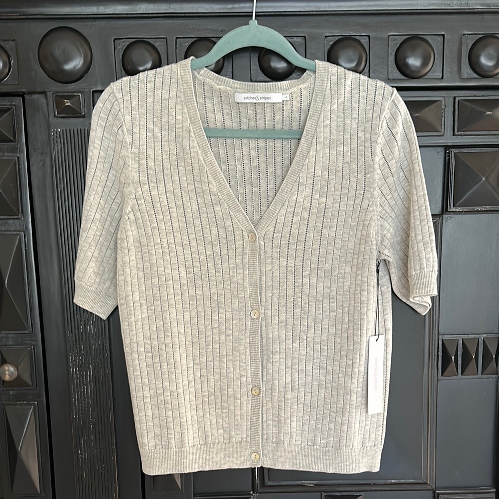 NWT Stitches + Stripes Gray Ribbed Short Sleeve Button Knit Blouse Small